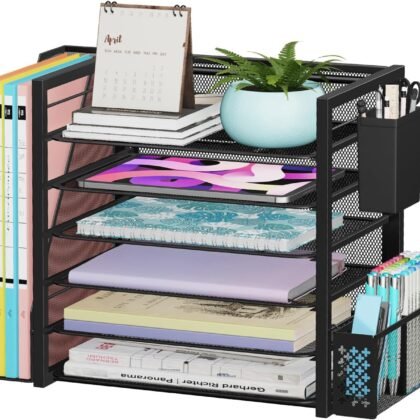Simple Trending 6 Tier Desk File Organizer, Paper Letter Tray Organizer with File Holder and Pen Container, Black