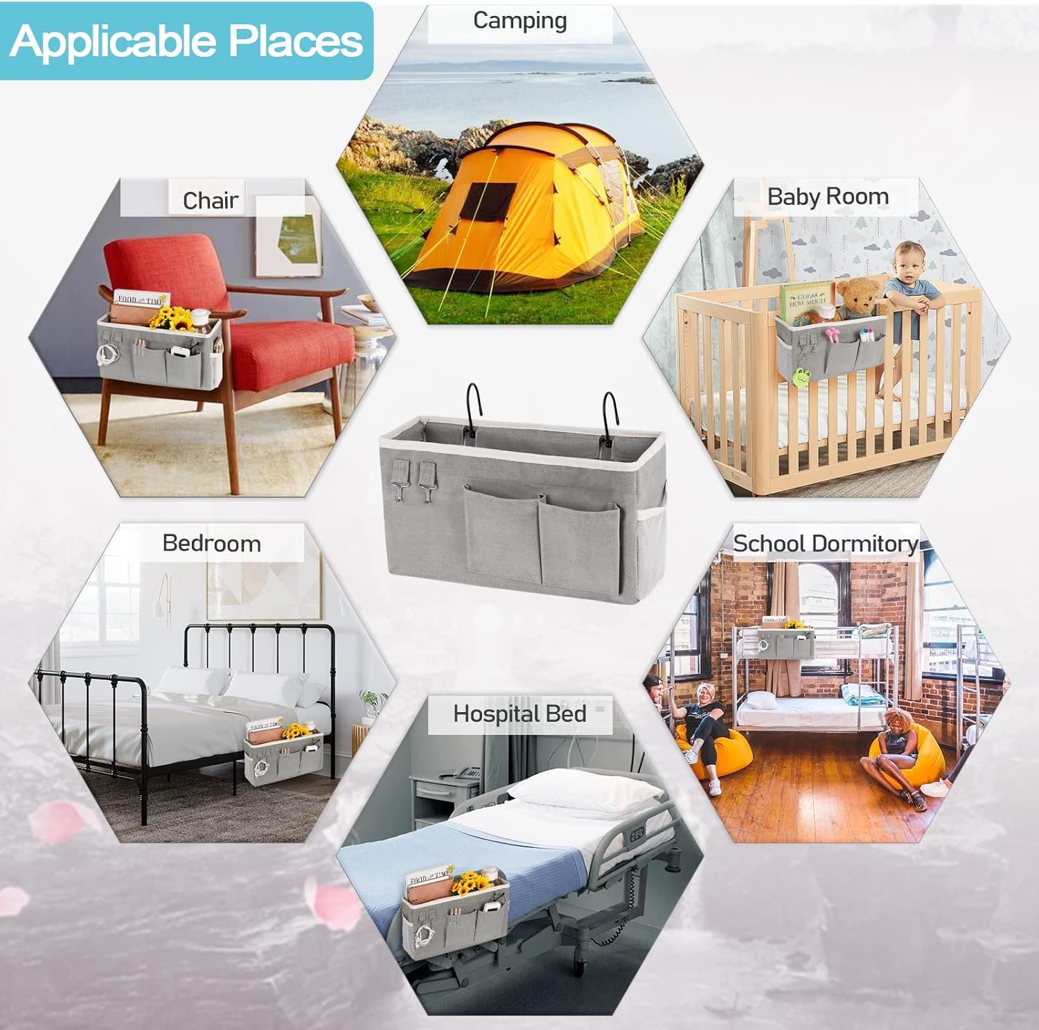 Loghot Bedside Caddy/Bedside Storage Bag Hanging Organizer for Bunk and Hospital Beds,Dorm Rooms Bed Rails,Can be Placed Glasses,Books,Mobile Phones,Keys (Grey) - Image 6