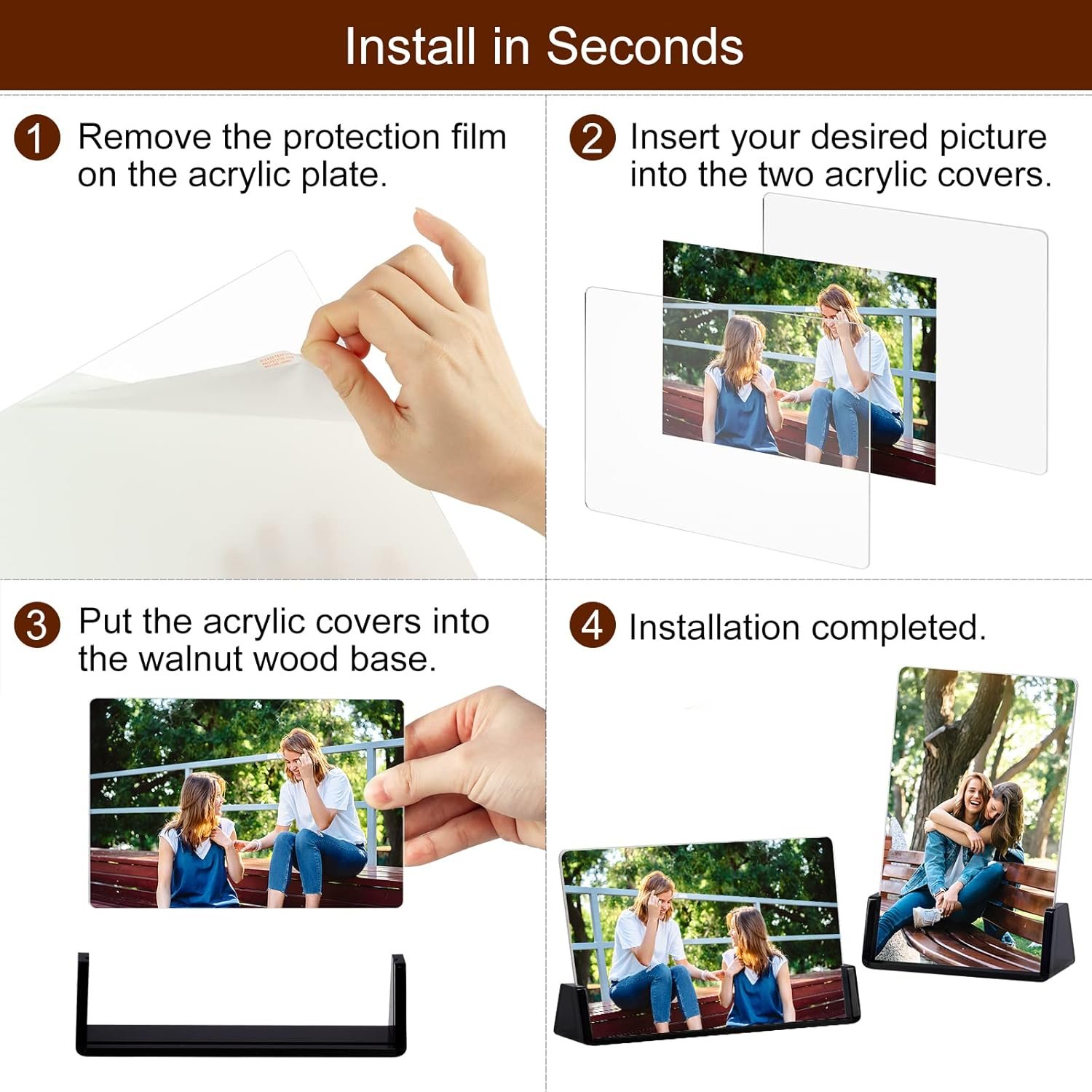 Boxalls 2 Pack Acrylic Picture Frames 4x6 with Translucent Black Base Stand, Frameless Photo Frame for Tabletop or Desktop Display (Horizontal + Vertical) - Image 5