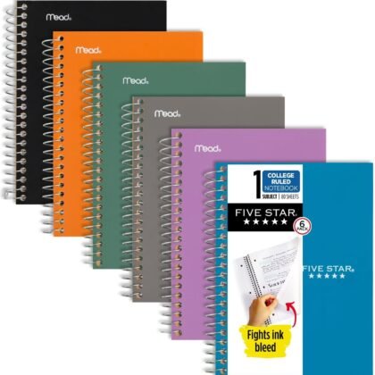 Five Star Spiral Notebooks, 6 Pack, 1 Subject, College Ruled Paper, 7" x 4-3/8", Personal Size, 80 Sheets, Purple, Orange, Green, Blue, Gray, Black (450048A-ECM)