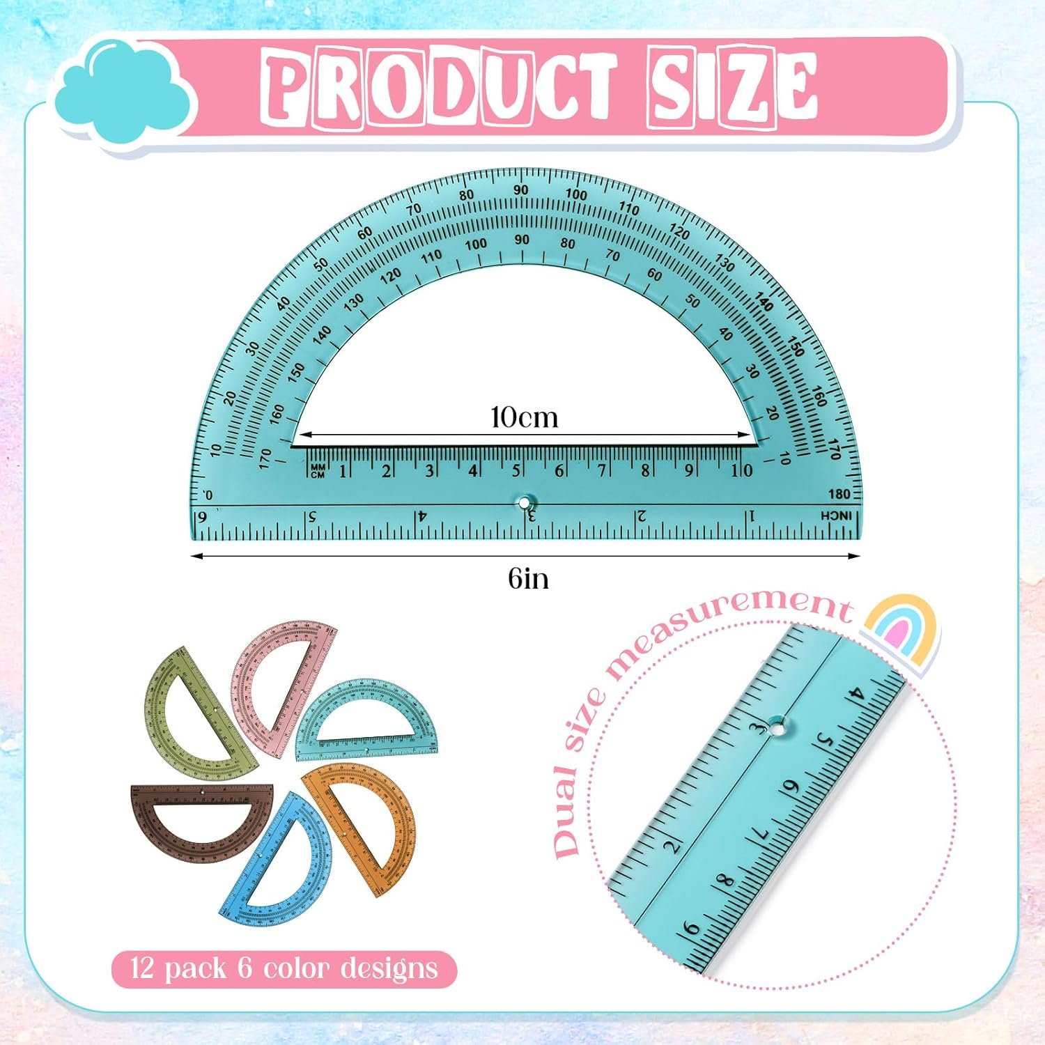 12 Pcs of Colorful Plastic Protractors 180 Degrees 6 Inches Mathematical Protractor Translucent Geometric for Learn Office Measurement Drawing - Image 2