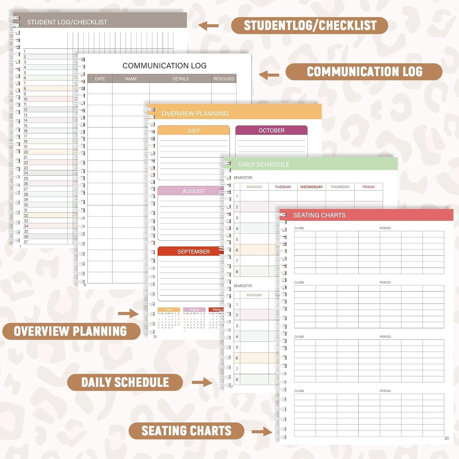 Teacher Planner 2025-2026 Notebook with 10 Section Lesson Plan Book Daily Weekly Monthly 8.5"x11" Classroom Organizer Spiral Bound Planning Stickers, Dated Calendar, Page Tabs(Leopard Print) - Image 4
