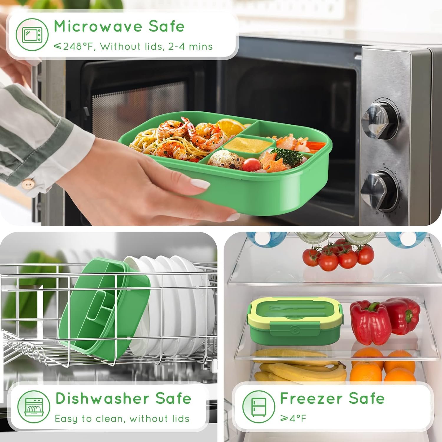 Bento Lunch Box Leakproof 44oz Kids Lunch Box Containers with 4 Compartment, Bento-Style Lunch Bento Box with Cutlery, Reusable Kid Back to School Meal/Snack Packing BPA Free (Green) - Image 6