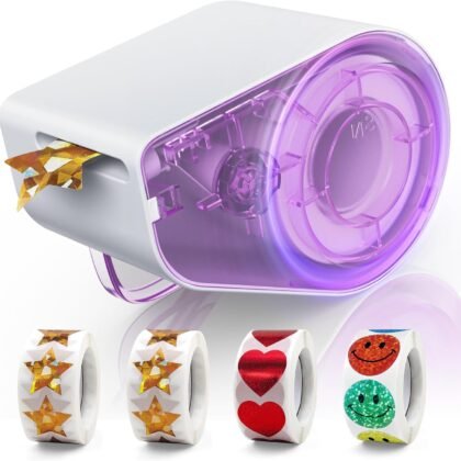 Manual Sticker Dispenser for Rolls of Stickers with 1520Pcs 1Inch Gold Star,Red Heart,Smiley Face Stickers for Kids Reward,Behavior Chart,School Classroom Student Teacher Supplies Gift(Purple)