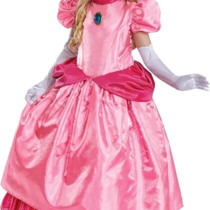 Disguise Girls Princess Peach Elevated Costume, Official Nintendo Super Mario Peach Costume With Crown and Gloves for Kids
