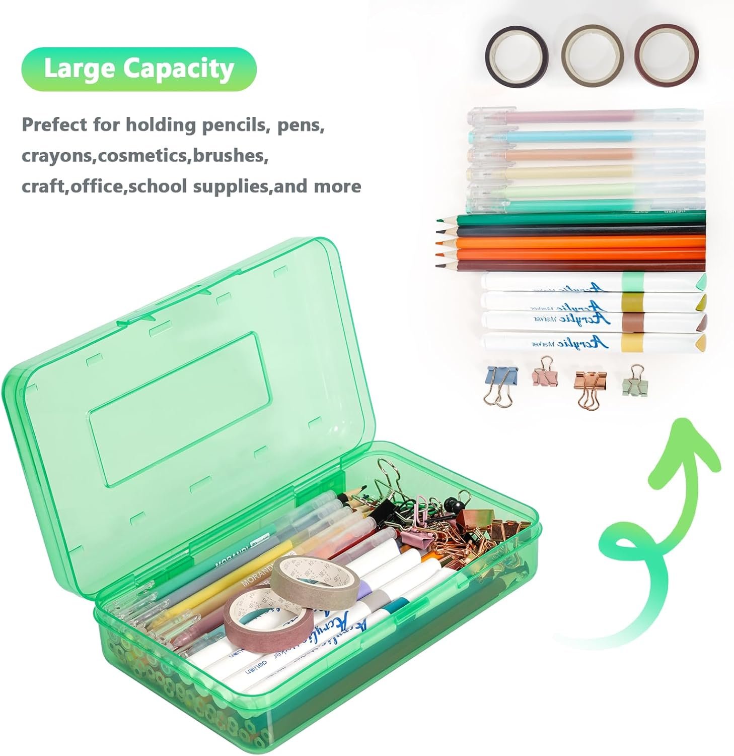 Large Capacity Colored Pencil Case, Pencil Box, Plastic Pencil Boxes for Kids Adults Girls Boys, Hard Crayon Box Storage with Snap-tight Lid for School office Supplies (Green) - Image 3