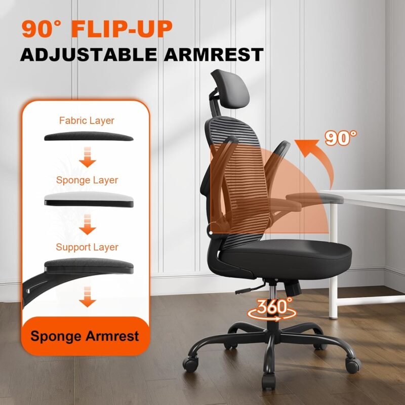 Office Chair Ergonomic Desk Chair, 330LBS Capacity, High Back Computer Chair for Long Hours Comfortable, Rolling Swivel Executive Task Chair for Home Office with Flip-up Armrests, Black - Image 5