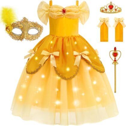 Light Up Princess Dress for Girls Yellow Princess Lighted Dress Up for Halloween Carnival Cosplay Birthday Party