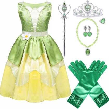 Princess Tiana Dress for Girls Green Fairy Frog Birthday Party Fancy Dresses Halloween Elf Costume Outfits with Accessories (5-6T)