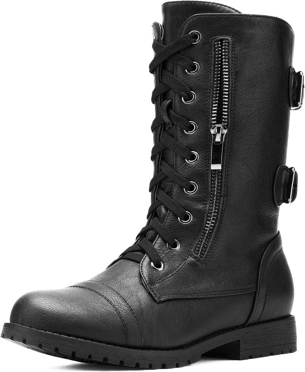DREAM PAIRS Women's Mid Calf Built-in Wallet Pocket Lace up Military Combat Boots