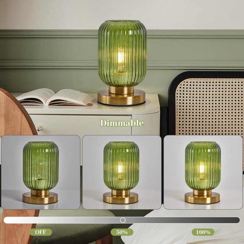 Glass Table Lamps Mid Century Modern Globe, Dimmable Green Table Lamp for Nightstand, Small Gold Table Lamp, Green Pumpkin Design Ribbed Glass Vintage Bedside Lamp for Bedroom Living Room Office - Image 4