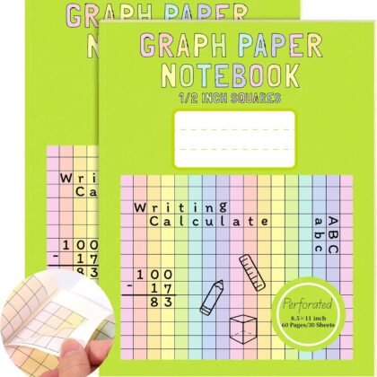 2 Pack 8.5×11 Colored Graph Paper Pad Math Notebook Graph Paper 1/2 Inch Squares Large Quad Ruled Grid Composition Book Colored Grid Notebook Exercise 30 Sheets for Kids Dyslexia Dysgraphia School