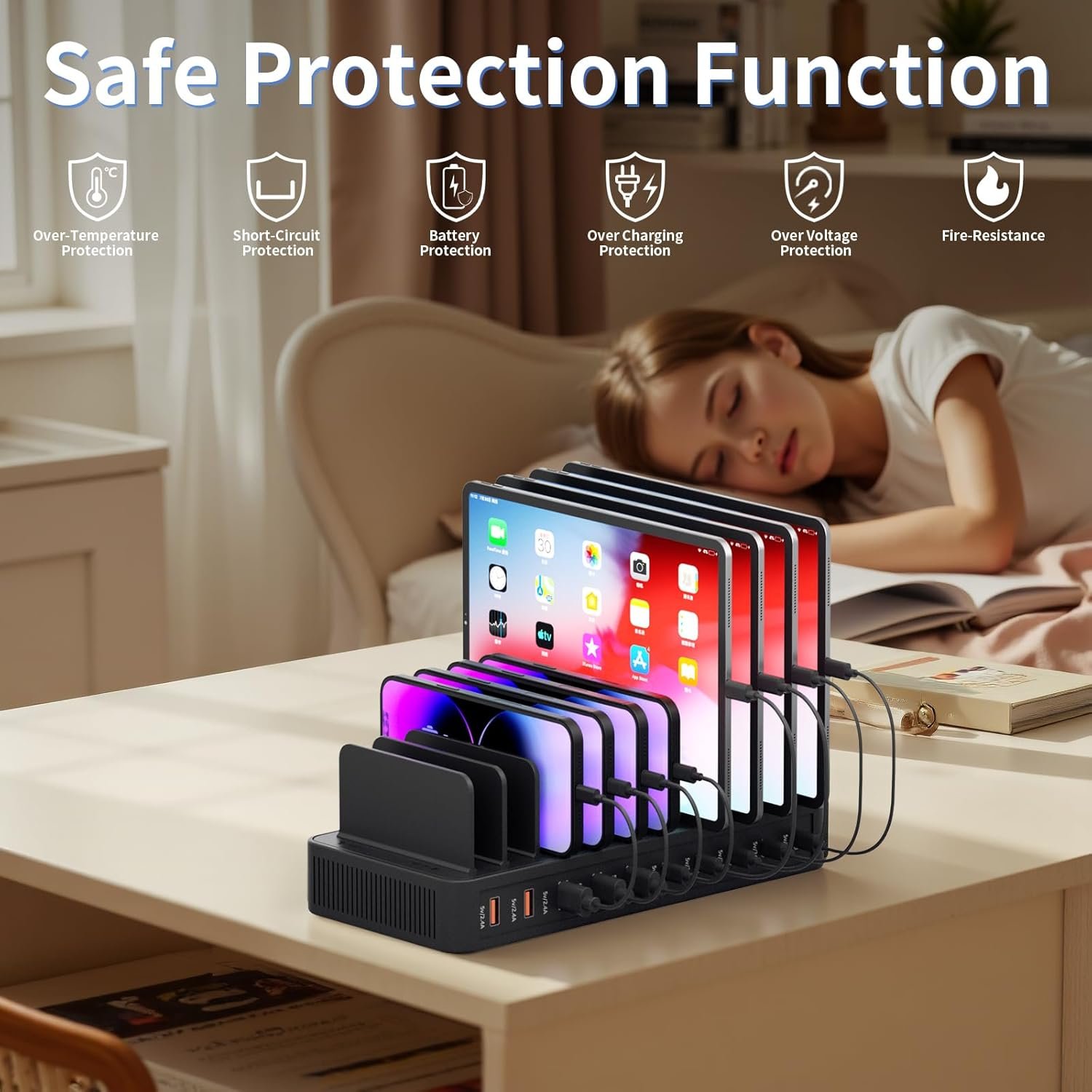 60W Charging Station for Multiple Devices, 10-Port USB Fast Charging Station with Adjustable Dividers - Device Organizer Charging Dock for iPhone, Android, iPad, Tablets & More - Image 3
