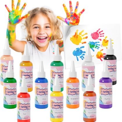 Homcosan Washable Finger Paint 12 Colors Set Large Capacity (2.1fl oz) Non Toxic Finger Paints Art Painting Supplies for Hand Painting DIY Crafts Gifts
