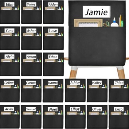 24 PCS Chair Pockets for Classroom 20"x17", Seat Sacks for Classroom Chairs k-2, Student Chair Pockets with Name Tag Classroom Chair Organizer for Classroom Kindergarten School Home Seat Storage Black
