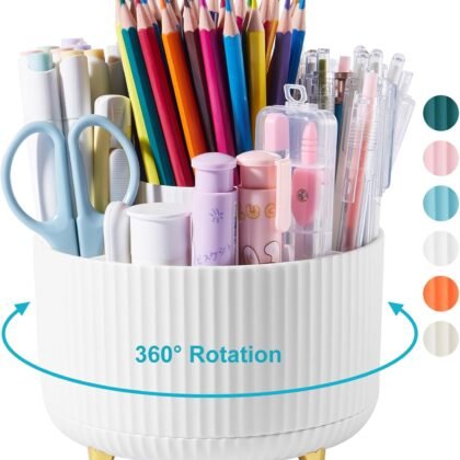Desk Pencil Pen Holder - 5 Slot 360 Degree Rotating Desk Pen Organizer for Desktop Storage Stationery Supplies Cup Pot - White