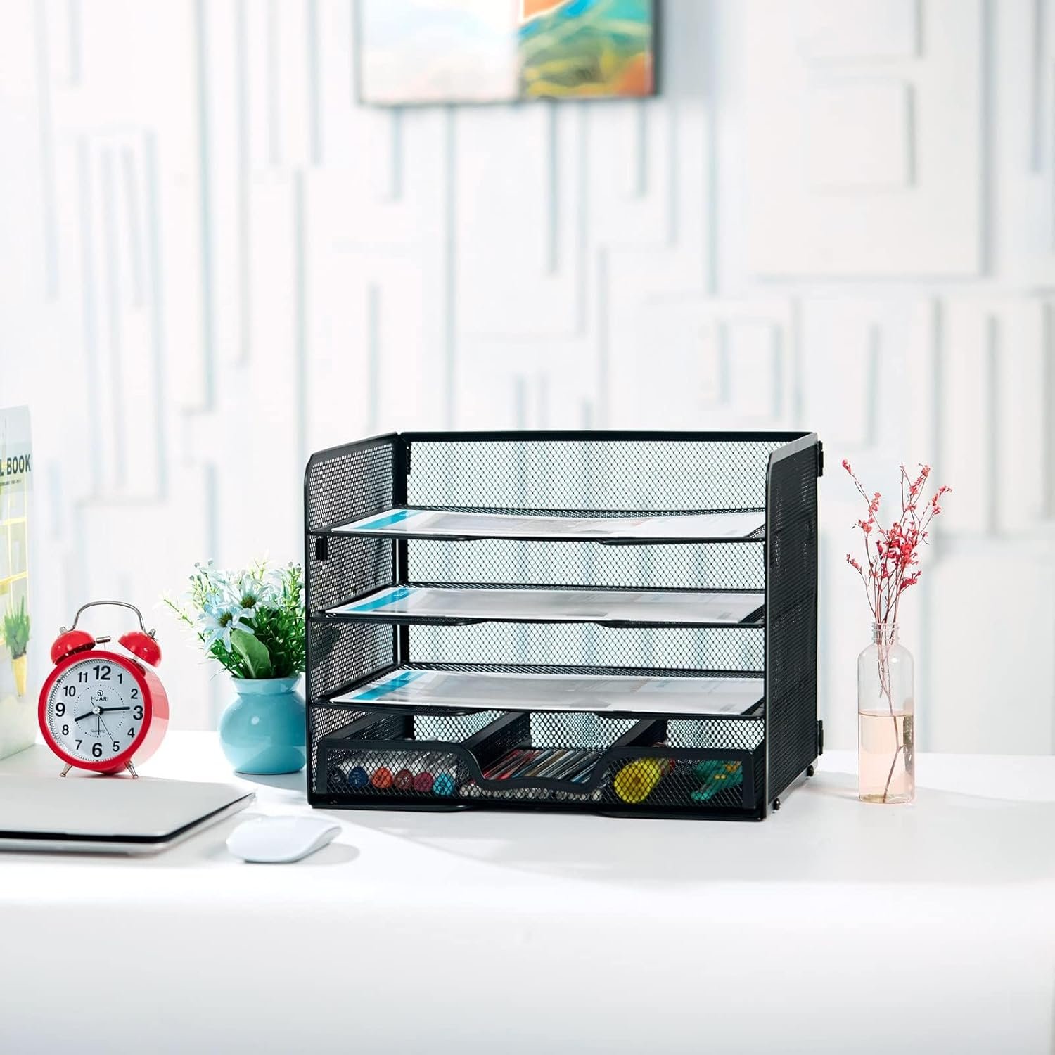 SETTFRFE 4 Tier Mesh Paper Letter Tray,Desk File Organizer with A Sliding Drawer,Office Supplies Desk Organizer for Home Office,Black. - Image 3