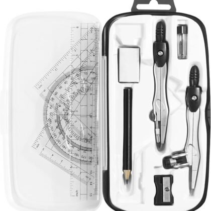 Math Geometry Kit Sets 10 Piece Student Supplies with Shatterproof Storage Box,Includes Rulers,Protractor,Compass,Eraser,Pencil Sharpener,Lead Refills,Pencil,for Drafting and Drawings（Black）