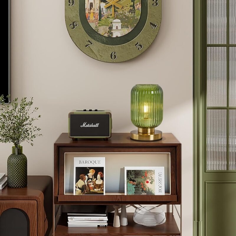 Glass Table Lamps Mid Century Modern Globe, Dimmable Green Table Lamp for Nightstand, Small Gold Table Lamp, Green Pumpkin Design Ribbed Glass Vintage Bedside Lamp for Bedroom Living Room Office - Image 6