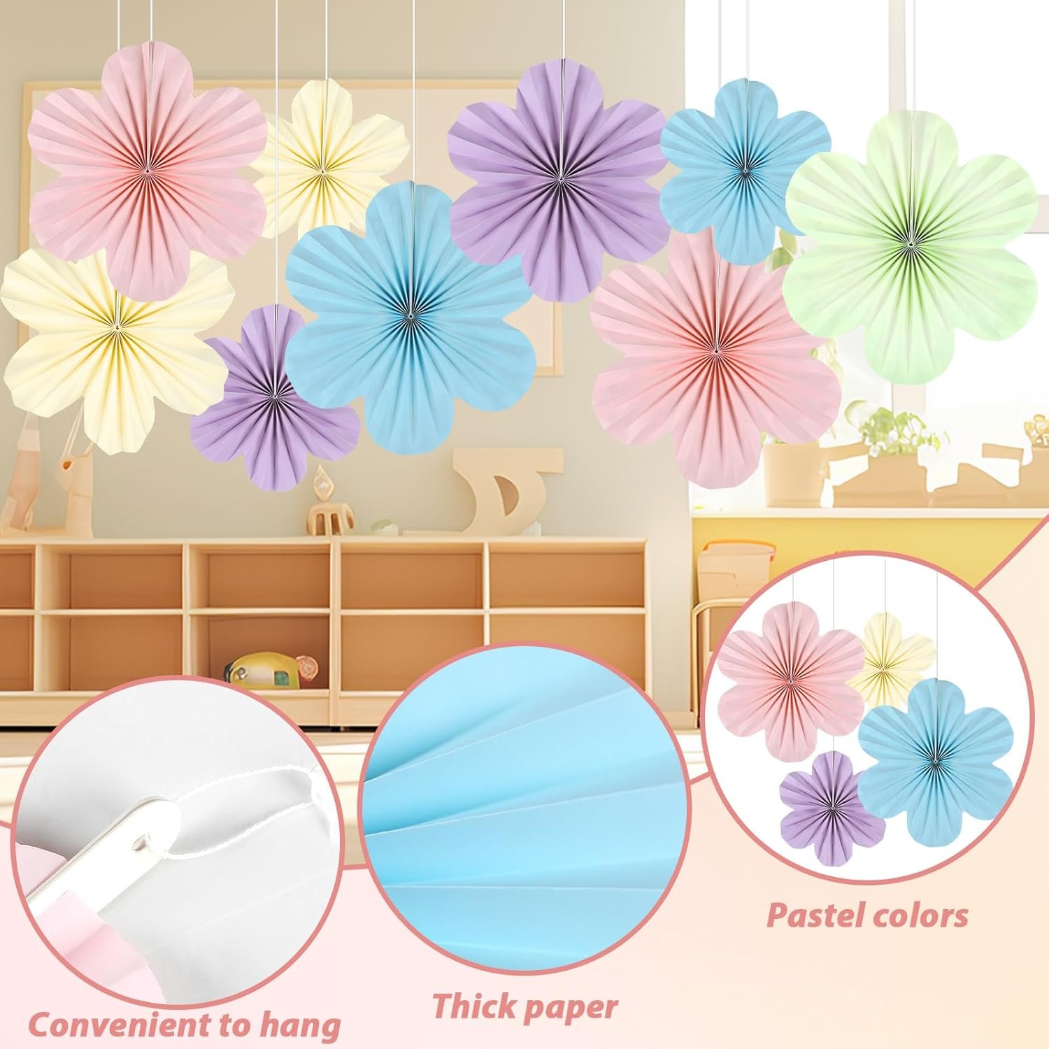 Justforjoyful 9PCS Pastel Paper Flowers Decorations Pastel Paper Fans Floral Backdrop Decor 3D Tissue Flowers Decorations for Classroom Wall Room Bulletin Board Birthday Supplies - Image 3
