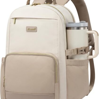 LOVEVOOK Laptop Backpack for Women with Pouch Pocket for Large Capacity Cup,15.6 Inch Laptop Computer Bag Travel Backpack Purse,Waterproof Work Business Backpack College Teacher Bags,Beige-Khaki