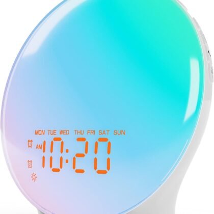 Wake Up Light Sunrise Alarm Clock for Bedroom, 17 Nightlights, Sound Machine with 5W Bluetooth Speaker, 25 Soothing Sounds, SleepTimer, Dual Alarms, FM Radio, Ideal Gift for Baby, Kids, Adults, Senior