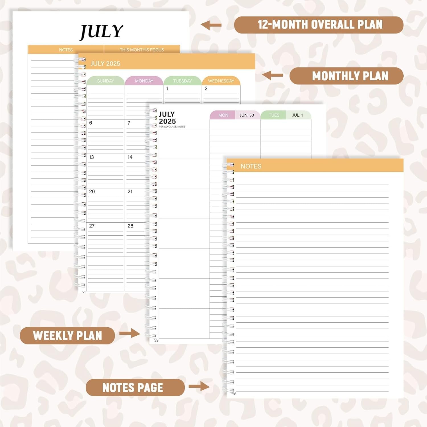 Teacher Planner 2025-2026 Notebook with 10 Section Lesson Plan Book Daily Weekly Monthly 8.5"x11" Classroom Organizer Spiral Bound Planning Stickers, Dated Calendar, Page Tabs(Leopard Print) - Image 6