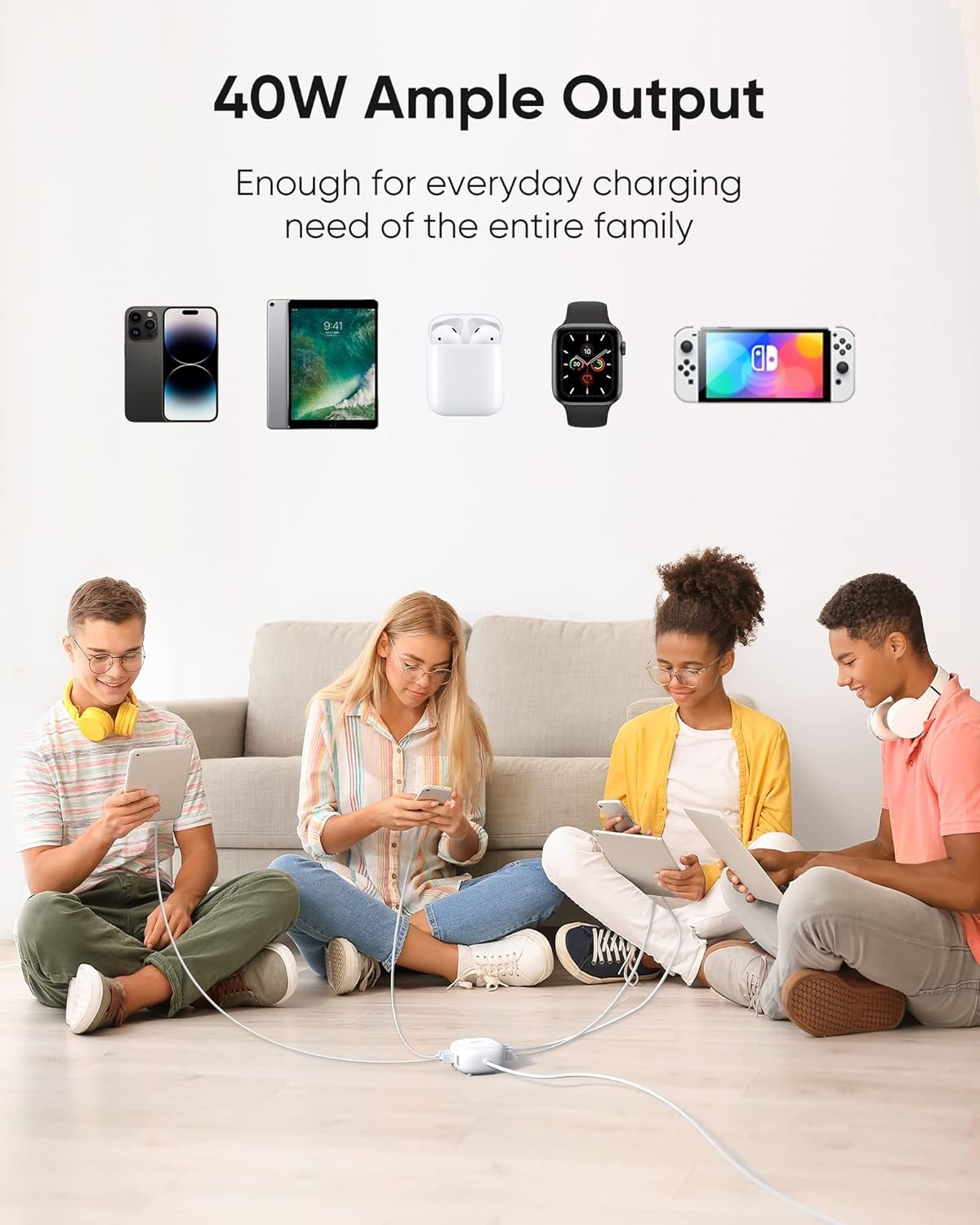 SUPERDANNY 6-Port USB Charger, 40W 8A Mini USB Charging Station, Charging Station for Multiple Devices, 4ft Cable, Compatible with iPhone, iPad, Galaxy, Pixel, for Travel, Cruise, White - Image 6