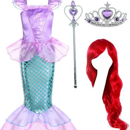 Joy Join Little Girls Princess Mermaid Costume for Girls Dress Up with Wig,Crown Pink