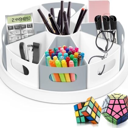 MeCids 360 Rotating Storage Organizer Desk Organizers Pen Holder– 12” Lazy Susan Style Caddy with Removable Bins, for Home Office Supplies, Art Supplies, Make-up & Kitchen Use, with Card & Gift Box