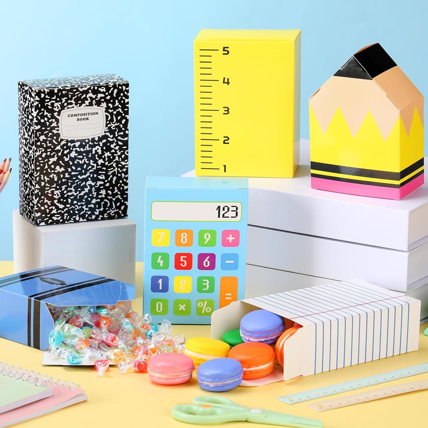 AmazingSpark 24 Pcs Back to School Supplies Gift Treat Boxes First Day of School Pencil Boxes Paper Candy Popcorn Holder Notebook Calculator Crayons Style for Teacher Classroom Welcome Back Decor - Image 3