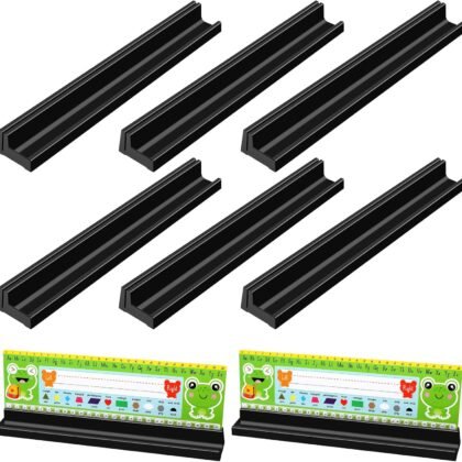 Teling 6 Pieces Name Plates Holder for Desk Self Adhesive and Removable Nameplate Stand with Pen Holder Black Plastic Name Tag Display with Adhesive Grip for Classroom School,1.5 x 12 x 1 Inch