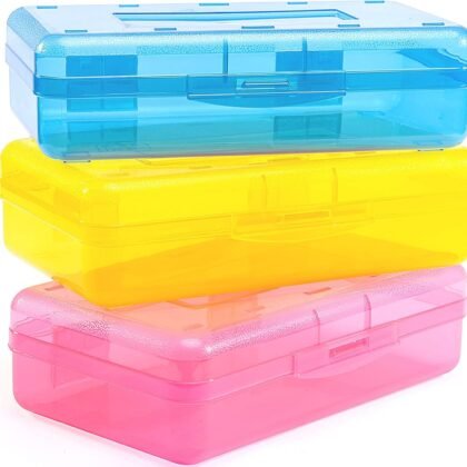 Sooez 3 Pack Pencil Case, Large Hard Pencil Box Bulk, Clear Crayon Box Marker Pen Organizer, Plastic Storage Container with Snap Lid, Stackable Art Craft Organizer Back to School Supplies, Colorful