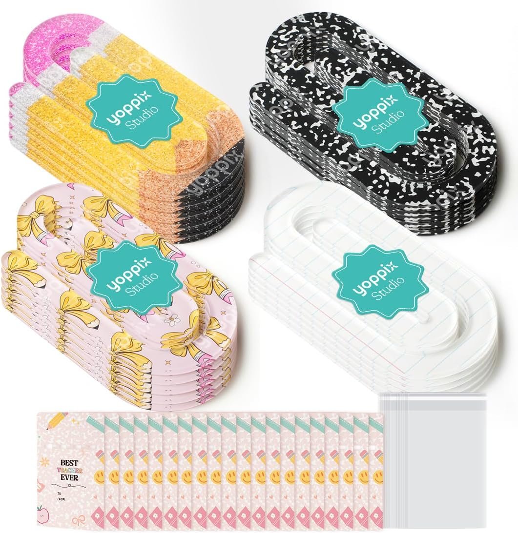 20 Set Jumbo Teacher Acrylic Paper Clips with 20Pcs Exclusive Back Card, Cute Pencil Paperclip Design for Office Classroom Bookmark Gift Book Lovers, Back to School Supplies