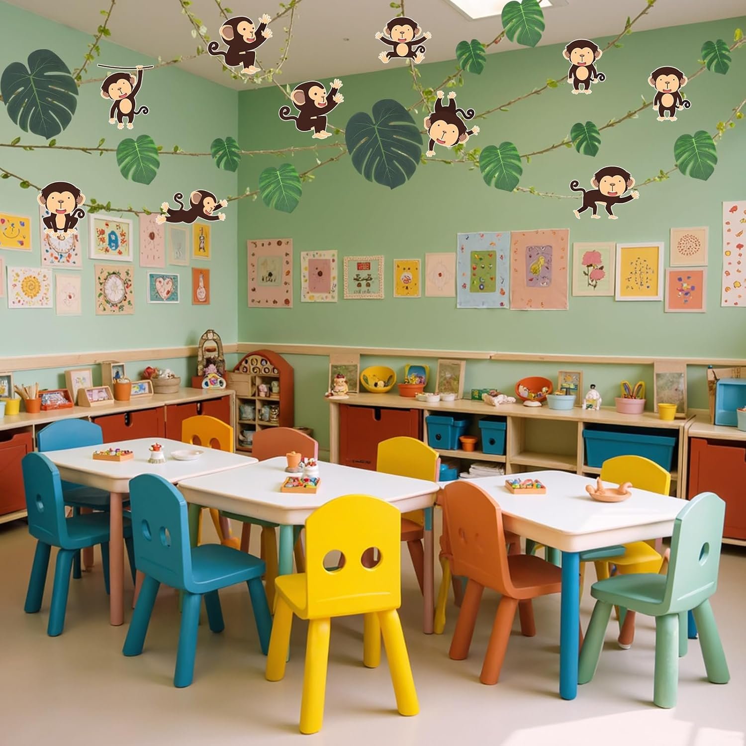 Ctosree 49 Pcs Jungle Party Decorations Safari Jungle Classroom Door Border Burlap Leaf Ribbon Tropical Palm Leaves Monkey Cutouts Wild Bulletin Board Hanging Banner Wall Decor for Birthday Party - Image 5