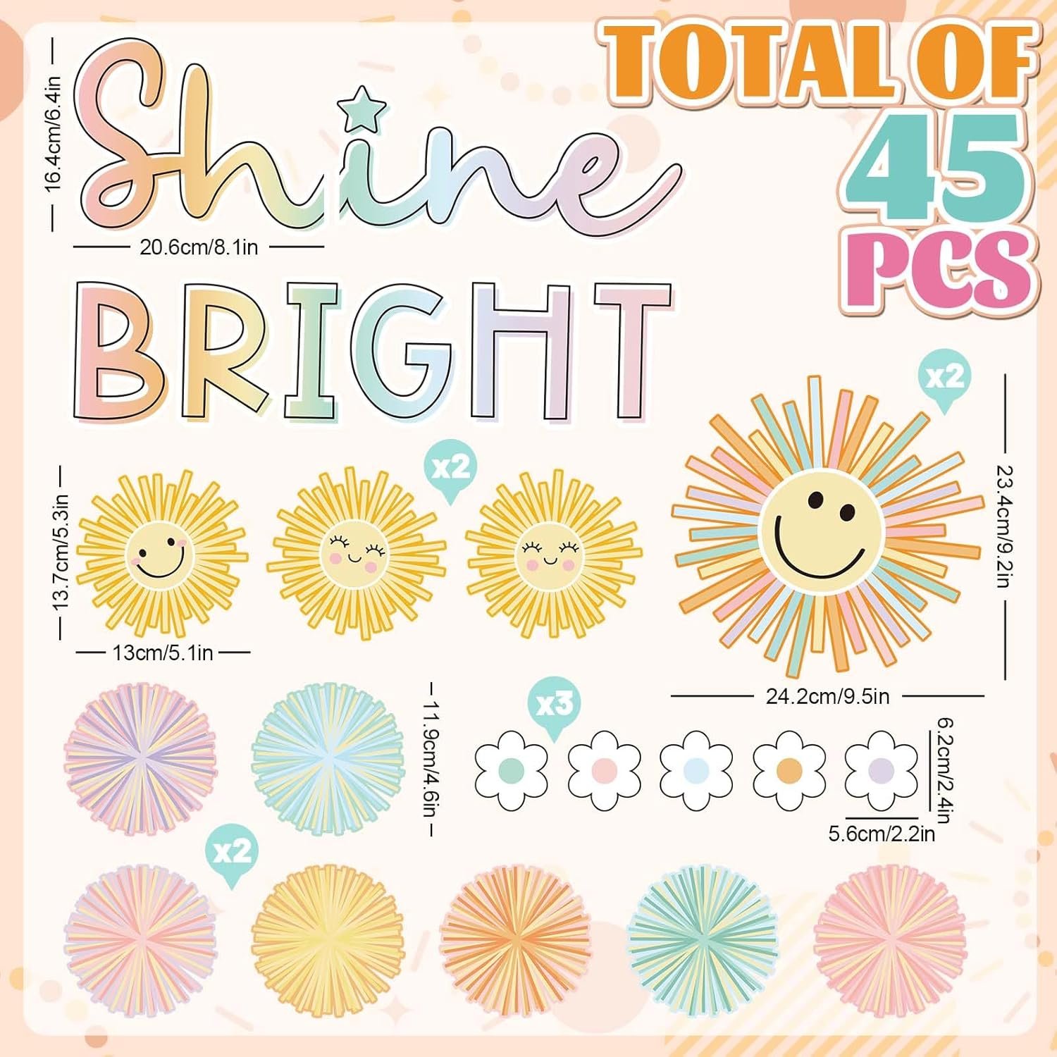 Summer Shine Bright Sun Bulletin Board Set Pastel Paper Cutouts with 100Pcs Glue Points Colorful Cute Sun Cut-Outs for School Classroom Home Sunshine Party Decor Supplies, 45Pcs - Image 2