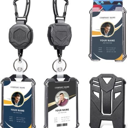 Badge Holder Retractable Clip Heavy Duty Carabiner Badge Reel Keychain with Lanyard ID Cards Holder Cool Tactical ID Holder