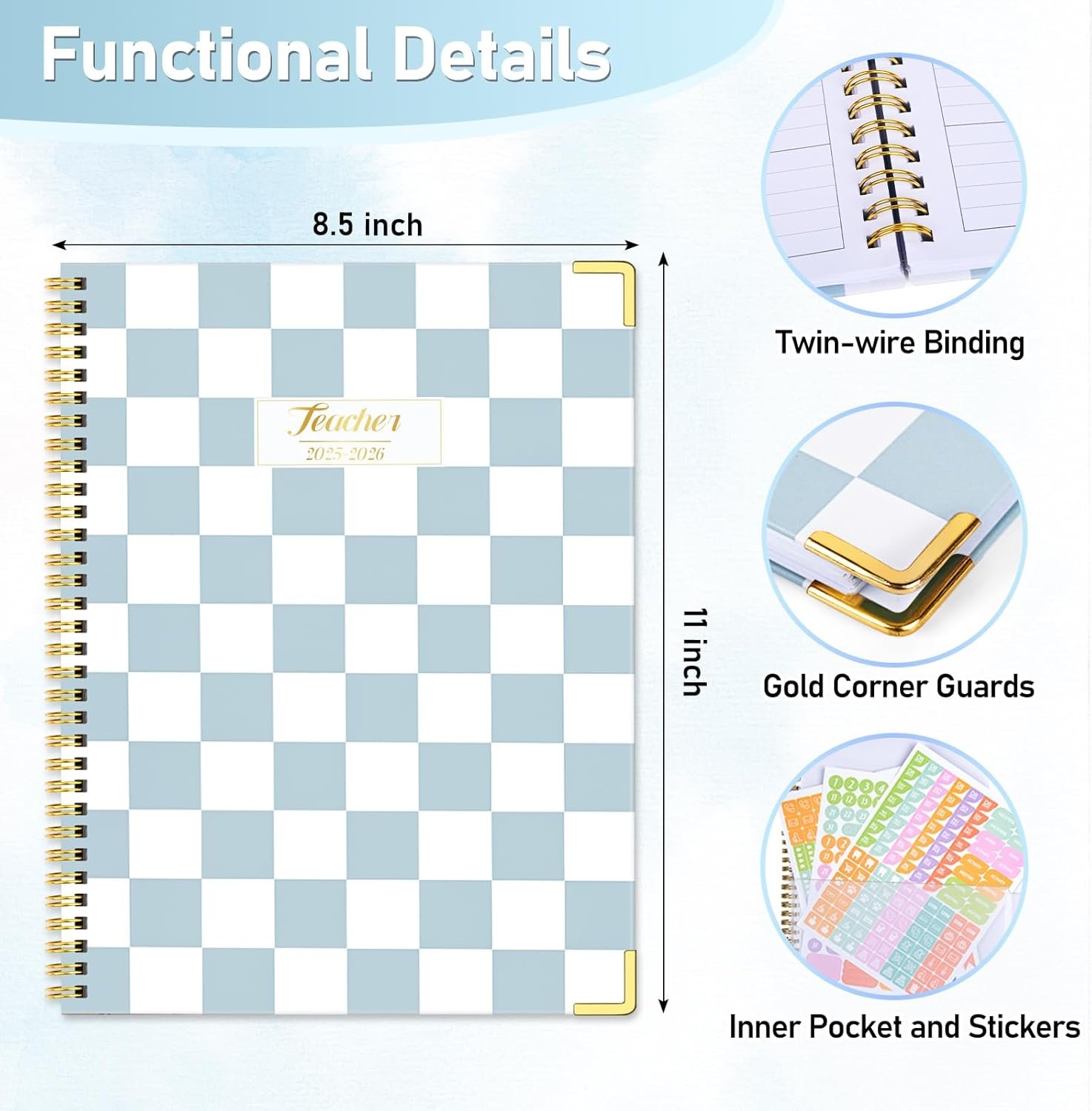 Teacher Planner 2025-2026, Aug 2025-Jul 2026 Academic Year, 8.5" x 11" Lesson Planner Book for Teacher Calendar, Spiral Bound Planners, Planning Stickers, Colorful Monthly Tabs, Checkered - Image 2