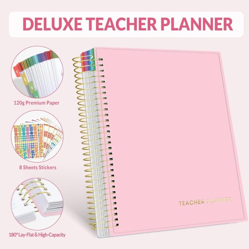 SUNEE Deluxe Teacher Planner 2025-2026, Lesson Planner Book with 7 Periods Jul 2025 - Jun 2026, 8.5" x 11" Daily Weekly and Monthly Organizers with Colorful Tabs, Planning Stickers,120gms Paper, Pink - Image 2