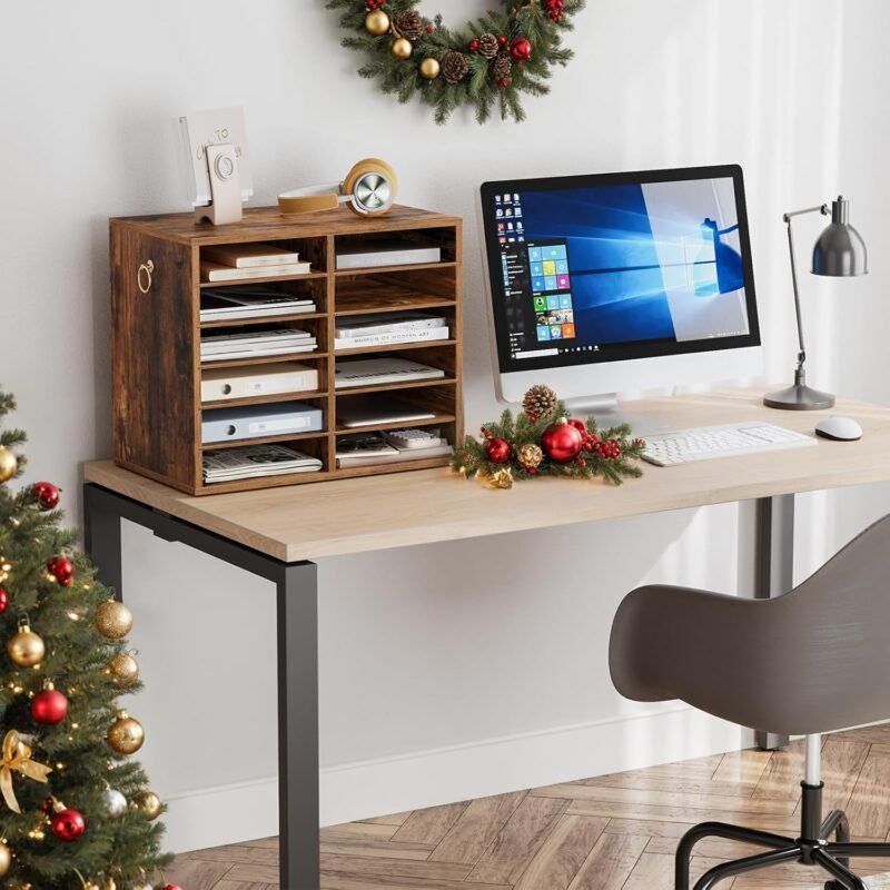 HOOBRO Literature Organizers, 12 Compartments Office Mailbox with Adjustable Shelves, Wood Countertop Literature Sorter for Office, Home, Classroom, Mailrooms Organization Rustic Brown FG12WF01 - Image 3