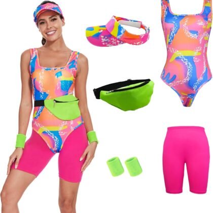 80s 90s Workout Costume for Women Halloween Costumes Cosplay Outfits Swimwear Suit Leotard Legging With Sun Visor (X-Large)