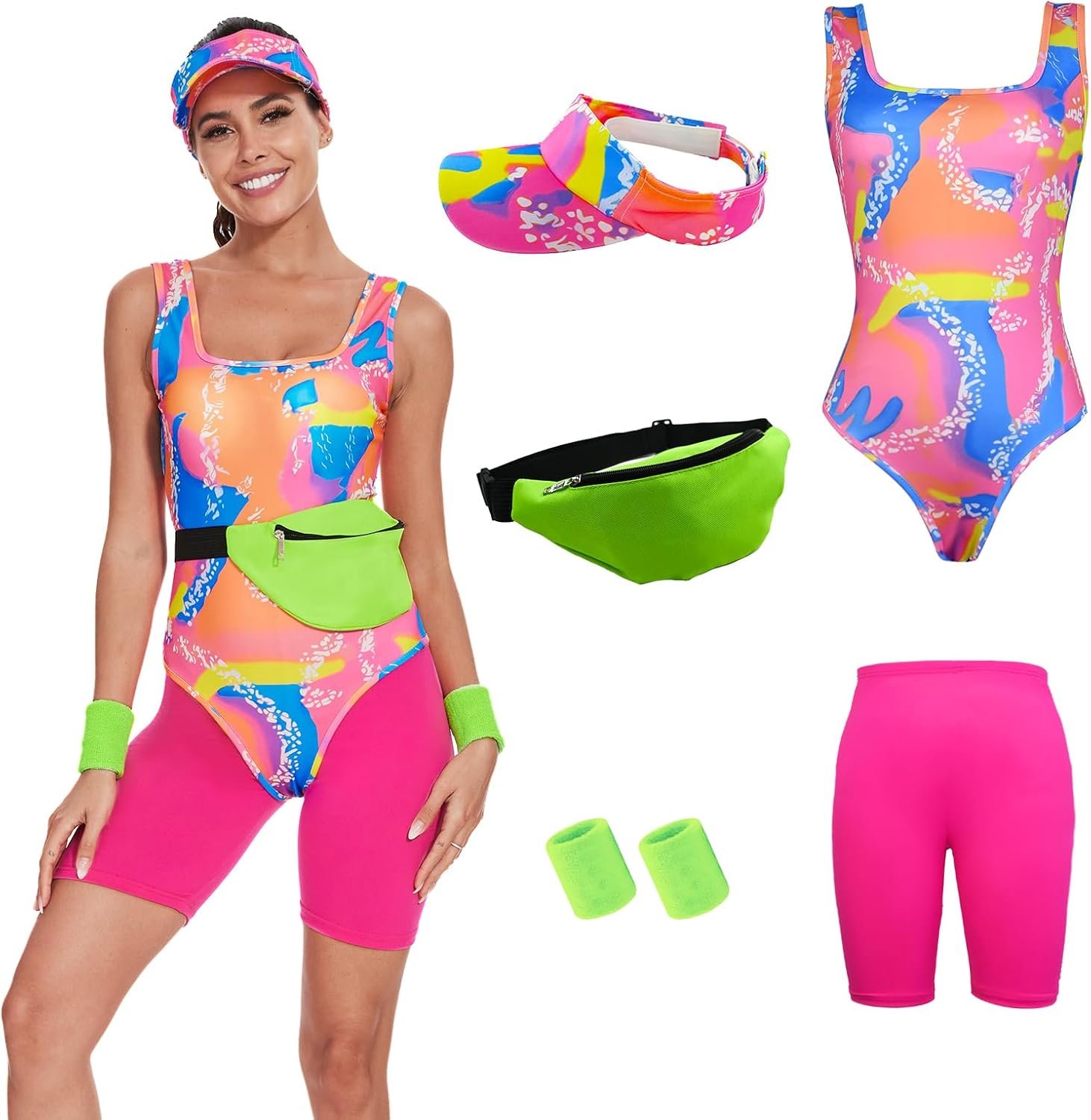 80s 90s Workout Costume for Women Halloween Costumes Cosplay Outfits Swimwear Suit Leotard Legging With Sun Visor (X-Large)