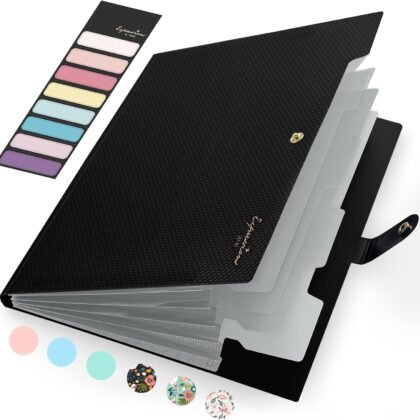 Sooez Accordion File Organizer, Letter Size Expanding File Folder with Labels, 5 Pocket Folders for Documents, Portable Paper Bill Receipt Organizer for Home School Office Supplies, Black