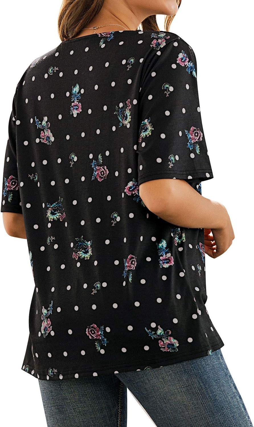WLLW Women Bohemian Short Sleeve V Neck Floral Print T Shirt Babydoll Shirt Blouse Tunic Top (Black, M) - Image 4