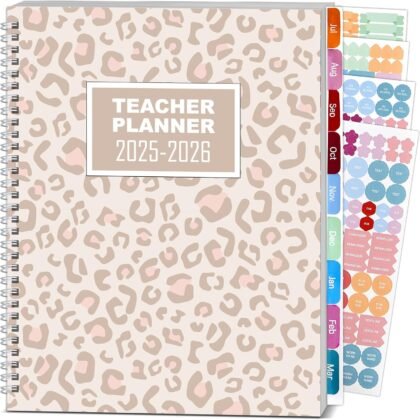 Teacher Planner 2025-2026 Notebook with 10 Section Lesson Plan Book Daily Weekly Monthly 8.5"x11" Classroom Organizer Spiral Bound Planning Stickers, Dated Calendar, Page Tabs(Leopard Print)