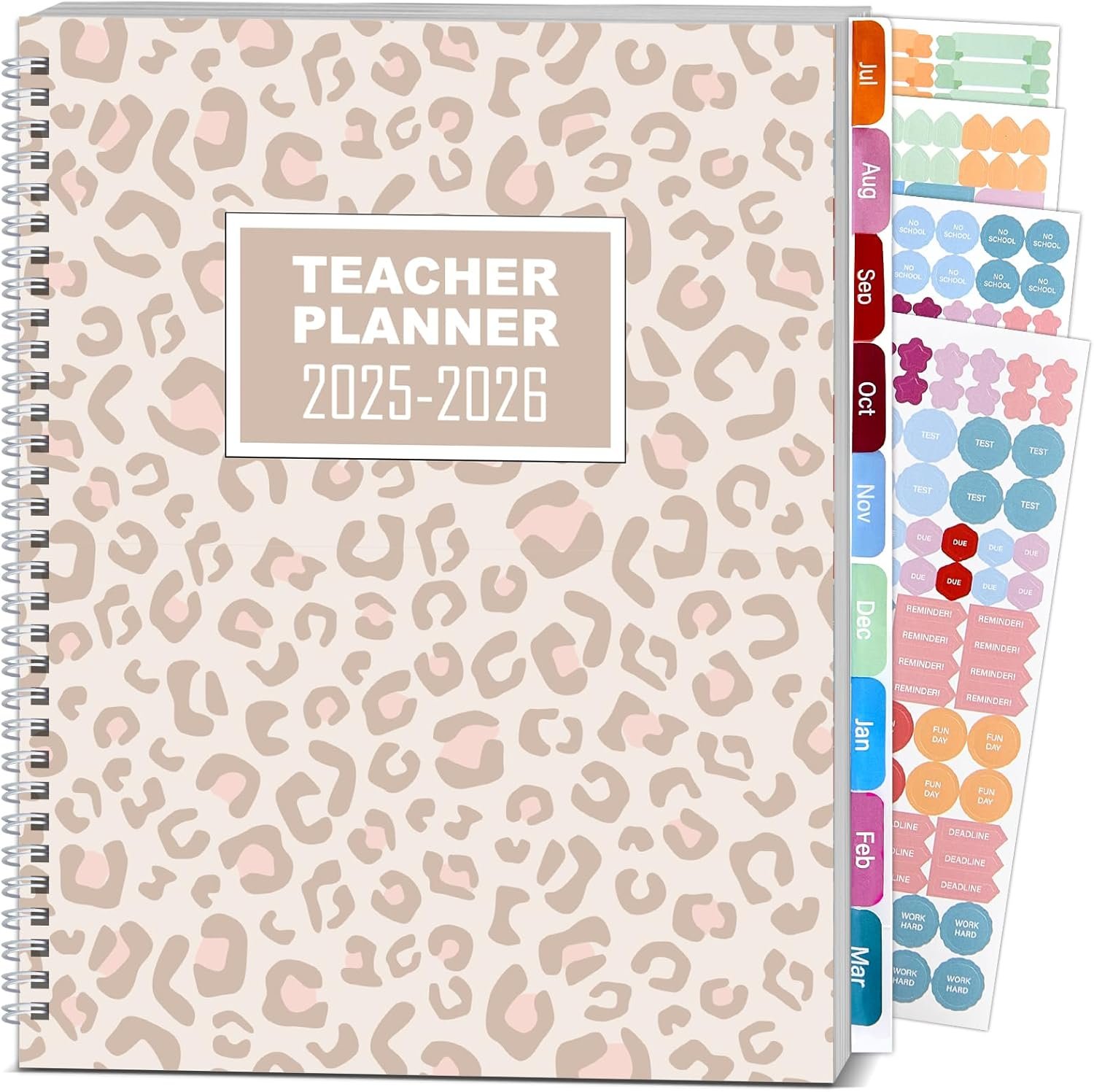 Teacher Planner 2025-2026 Notebook with 10 Section Lesson Plan Book Daily Weekly Monthly 8.5"x11" Classroom Organizer Spiral Bound Planning Stickers, Dated Calendar, Page Tabs(Leopard Print)