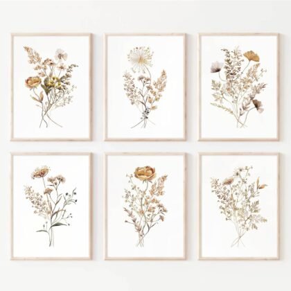 Watercolor Flower Wall Art Set of 6 Botanical Wildflower Wall Decor Boho Neutral Canvas Wall Art Vintage Prints Floral Pictures Minimalist Farmhouse Poster for Room Bedroom 12x16 Inch Unframed