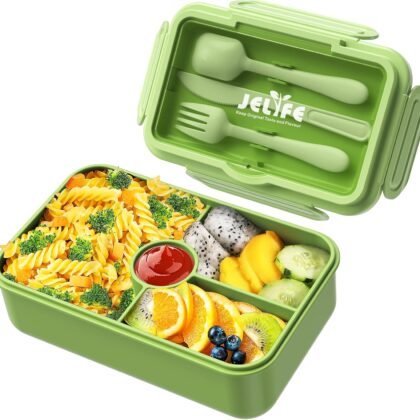 Jelife Bento Box Kids Lunch Box - Large Bento-Style Leakproof with 4 Compartments Food Storage Container with Tableware for Kids Back to School, Reusable On-the-Go Meal and Snack Packing, Green