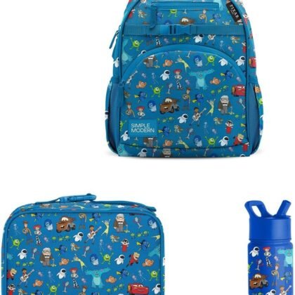 Simple Modern Disney Pixar Medium Toddler Backpack, Lunch Box and Water Bottle for School, Girls and Boys | 3 pc | Pixar Mashup on Blue