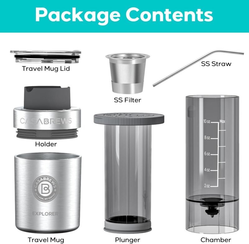 CASABREWS KP3000 Portable Coffee Maker, 2 in 1 Small Travel Coffee Machine for K Cup Pod or Ground Coffee, Quick Coffee Press Kit with Stainless Steel Cup, Cup Lid, Straw and Storage Bag - Image 5